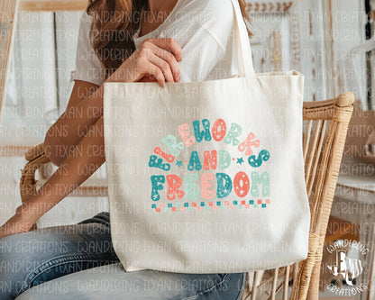 Featuring a grunge design with stars incorporated into the phrase "fireworks and freedom", this bag is perfect for showing your patriotic spirit.