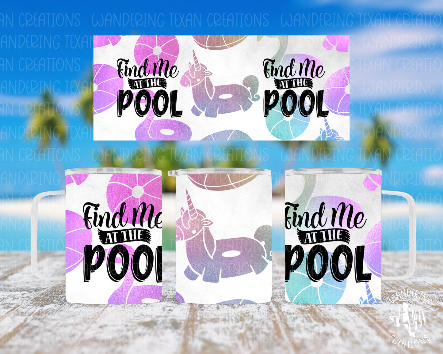 Experience the ultimate summer vibes with our Floatie Fun Mug Tumbler! Stand out with its unique sublimation design featuring blended pink to purple to blue pool floaties and the phrase "find me at the pool". 