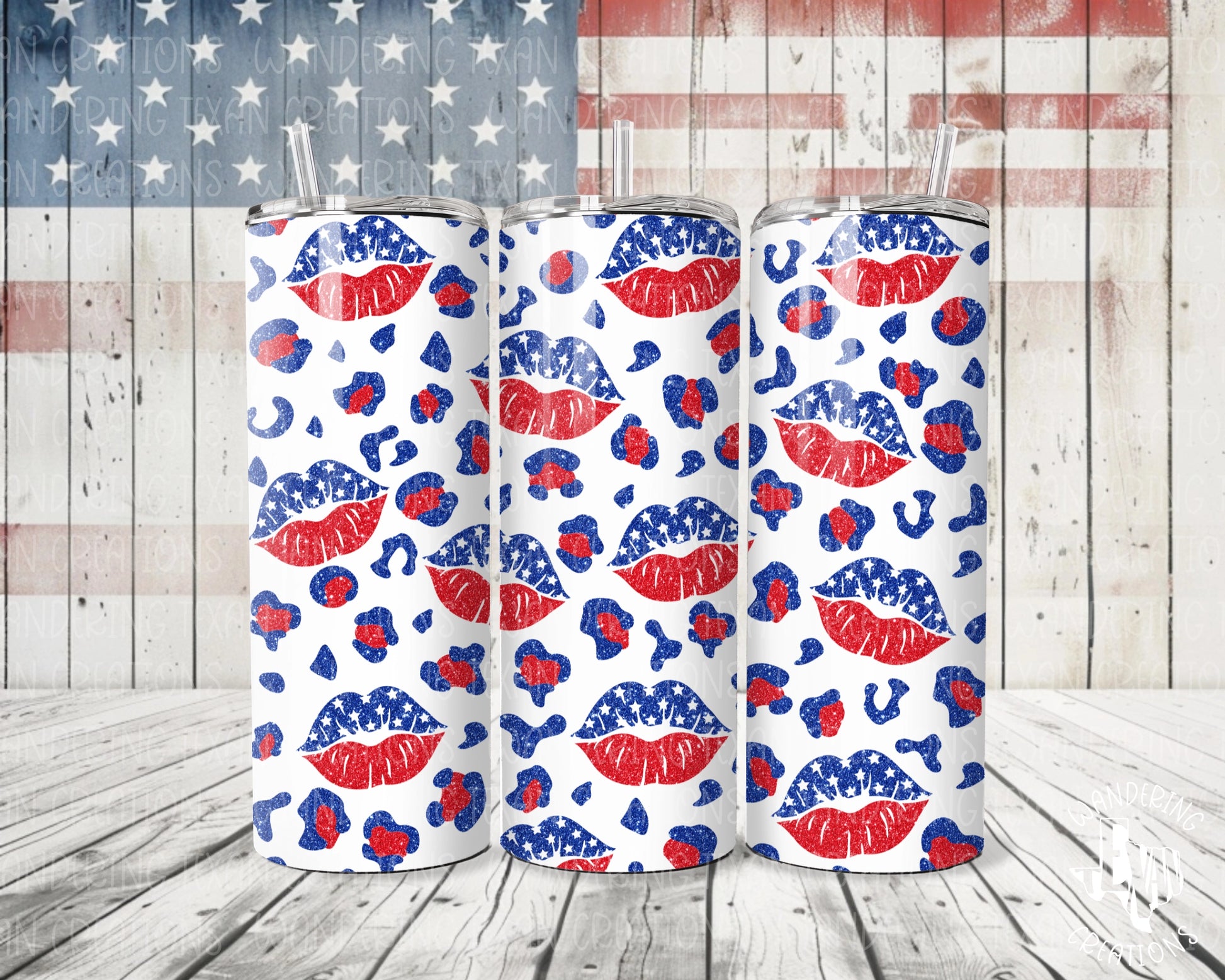 Showcasing a bold design of red, white, and blue lips among leopard print, this tumbler is perfect for celebrating Independence Day.