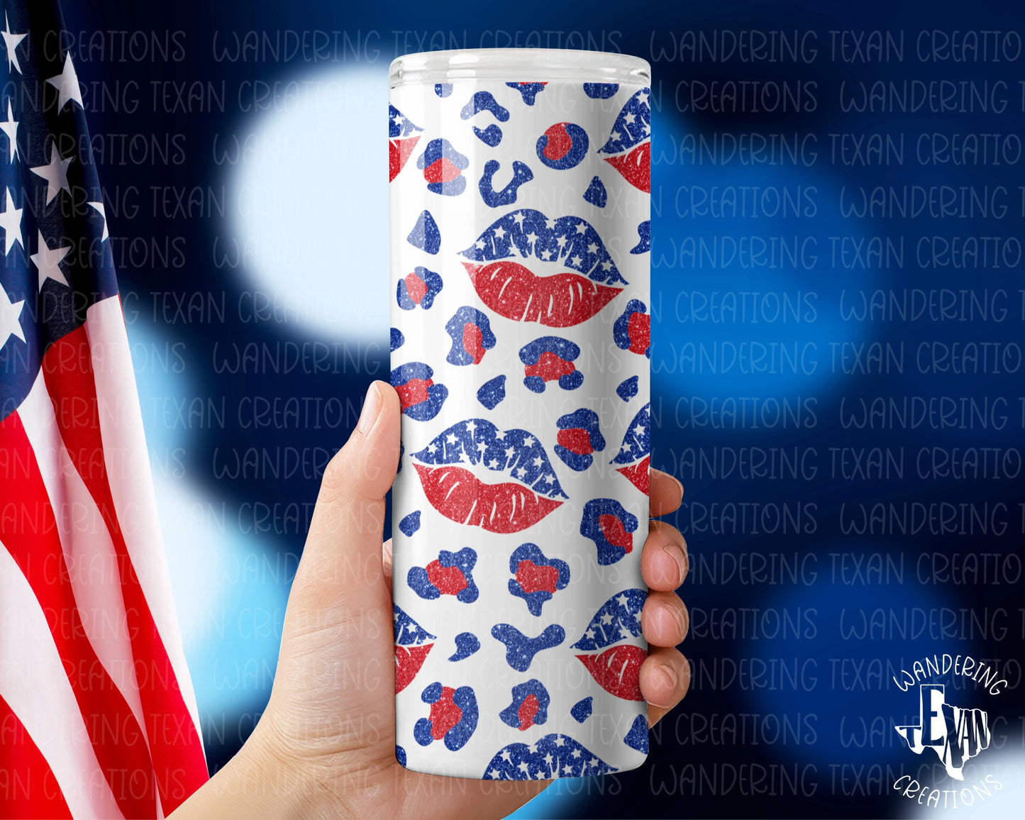 Showcasing a bold design of red, white, and blue lips among leopard print, this tumbler is perfect for celebrating Independence Day.