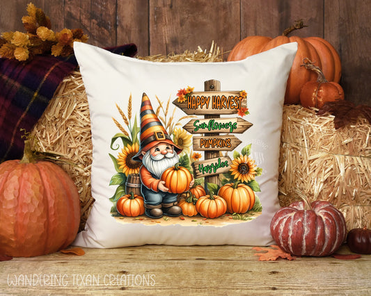 This pillow cover features a sublimated design of a gnome in a pumpkin and sunflower patch, complete with a signpost offering directions to a Happy Harvest and seasonal favorites such as Sunflowers, Pumpkins, and Hayrides.