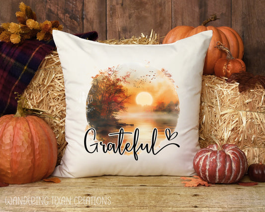 Bring the beauty of fall and the peacefulness of a lakeside retreat into your home with our Grateful Lakeside Reflection Pillow Cover. 