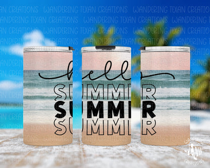 Keep your drinks cool all summer long with this stainless steel, double-wall tumbler. Choose from 2 lid styles and enjoy the vibrant sublimation design featuring a beachfront background and the phrase "hello summer".