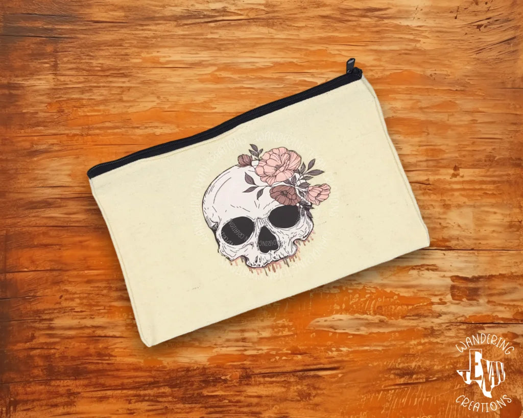 This unique pouch features a UV DTF design that adds a pop of color to the edgy skull print.