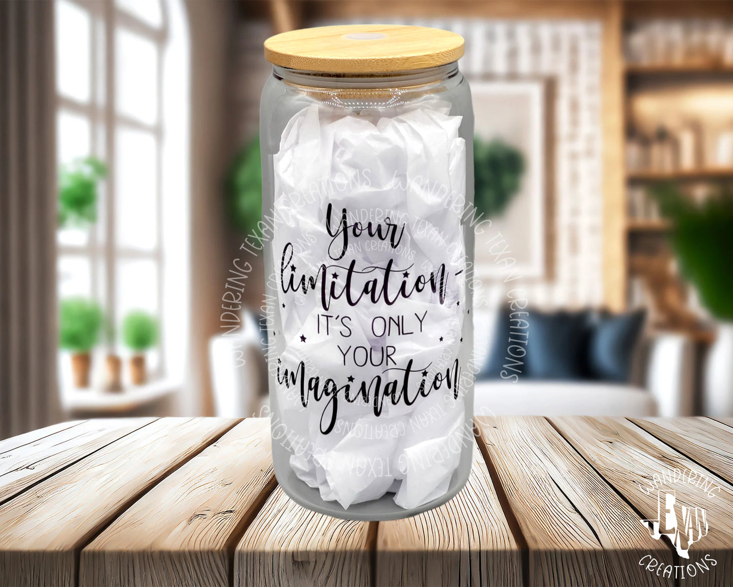 This tumbler features a girl in the colors of the sunrise with the phrase "Your limitation - it's only your Imagination".