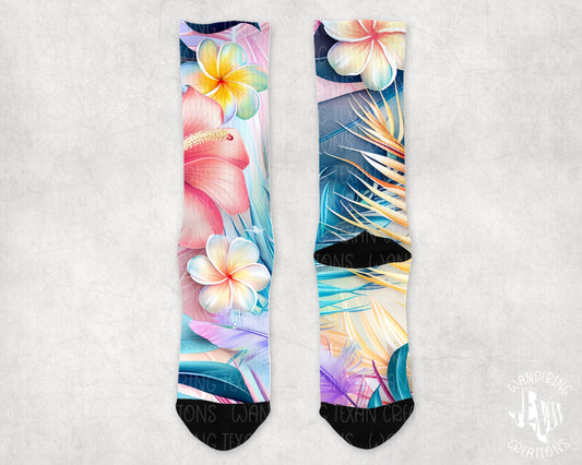 Add a touch of tropical fun to your summer wardrobe with Island Blossom Women's Socks. These playfully designed socks feature vibrant sublimation printing and a delightful tropical floral pattern.