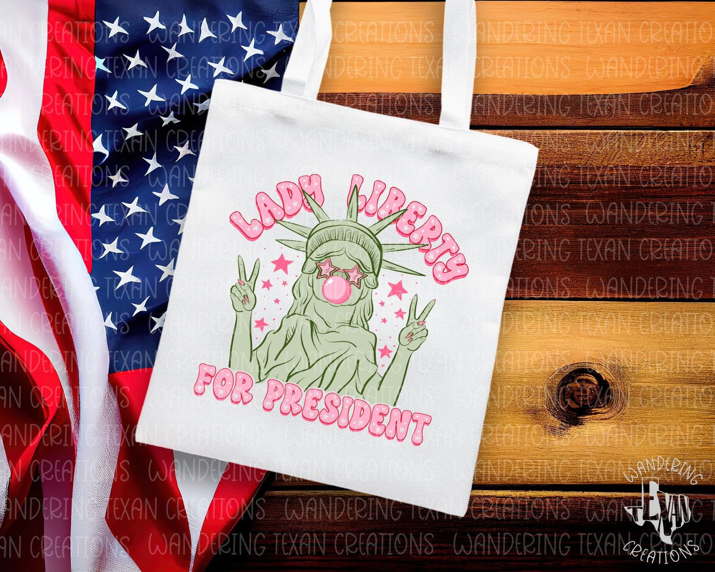  Featuring the iconic Lady Liberty blowing a bubble with peace hands up and the catchy phrase "Lady Liberty for President", this tote bag is the perfect accessory for Independence Day celebrations. 