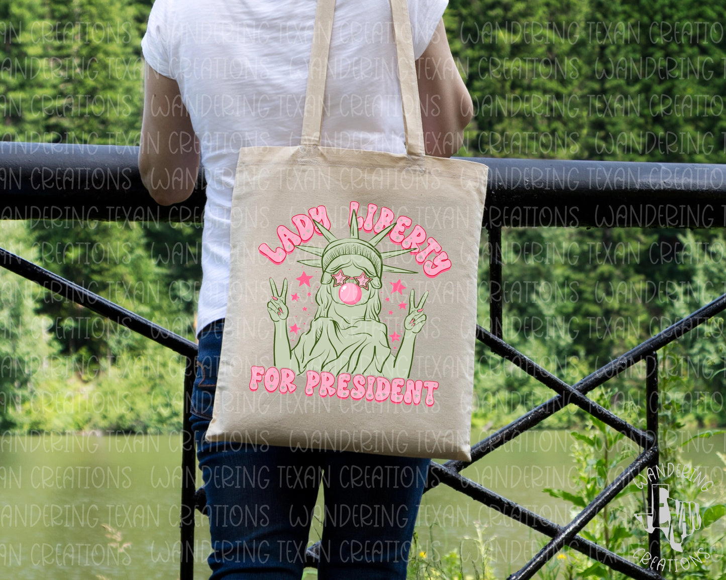  Featuring the iconic Lady Liberty blowing a bubble with peace hands up and the catchy phrase "Lady Liberty for President", this tote bag is the perfect accessory for Independence Day celebrations. 