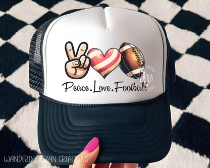 This trucker-style hat features a unique Peace Love Football design, perfect for the avid fan.