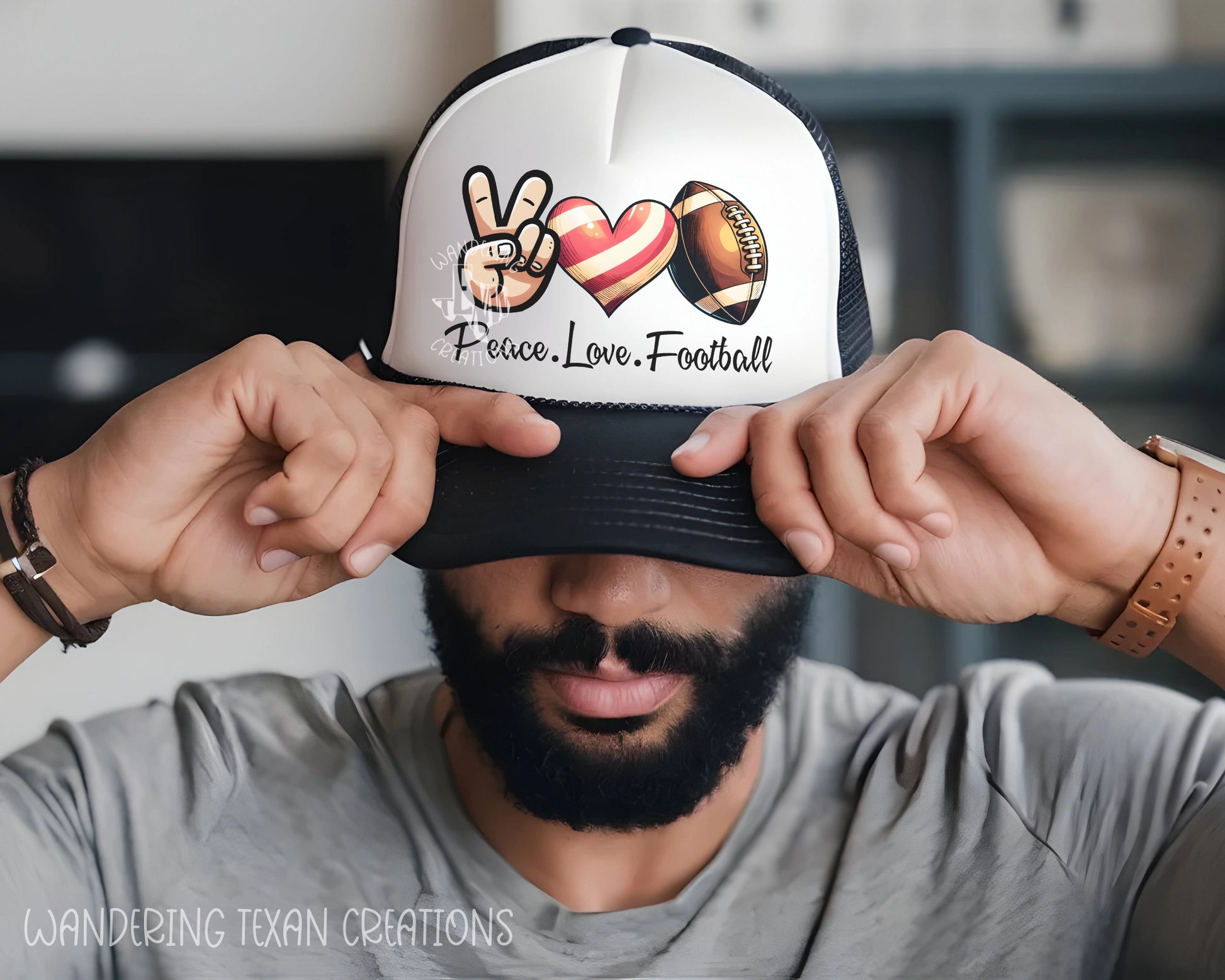 This trucker-style hat features a unique Peace Love Football design, perfect for the avid fan.