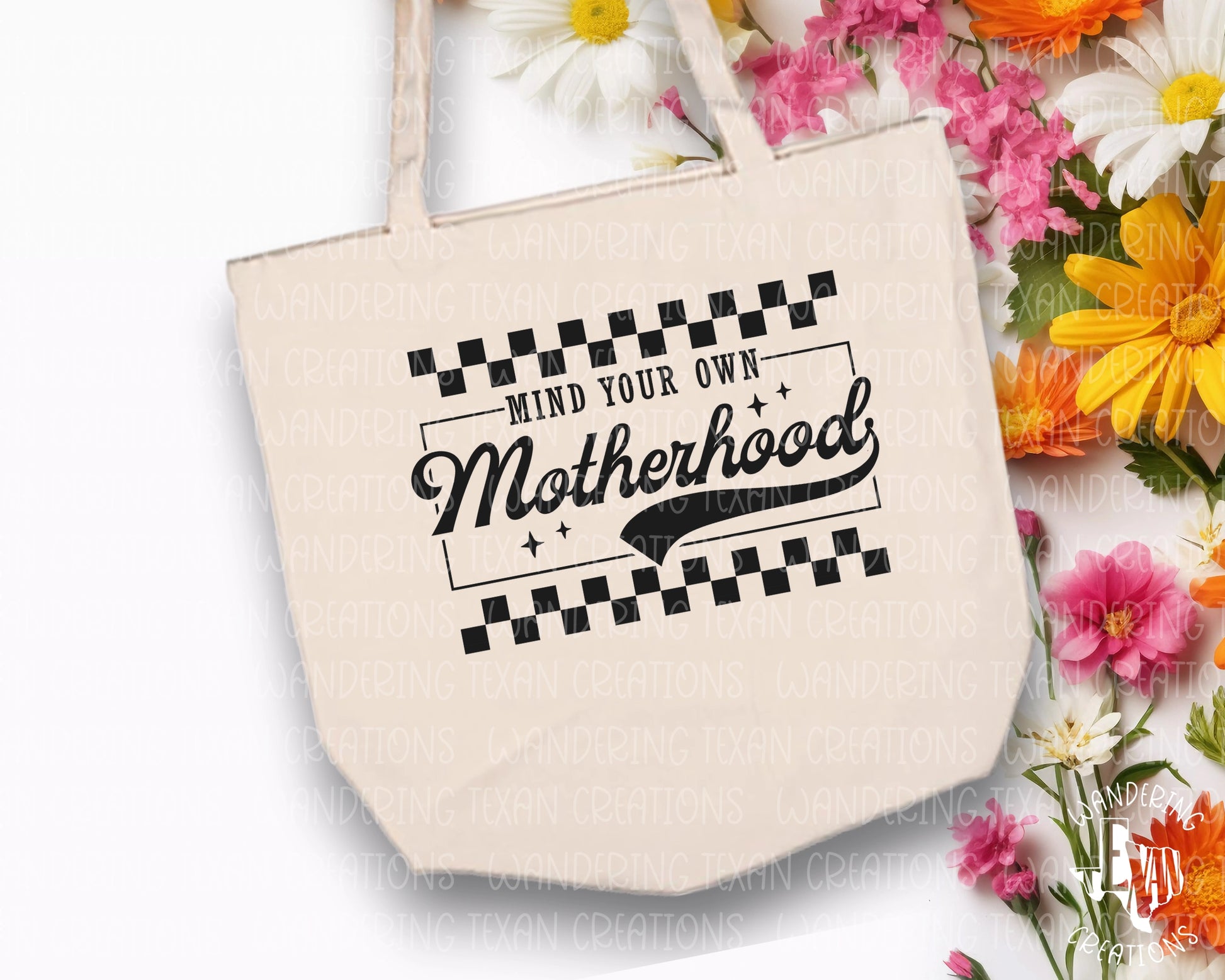 Carry it all with the Mind Your Own tote bag. This retro-designed bag features a cheeky "mind your own motherhood" phrase and a spacious interior to hold all your motherly essentials.