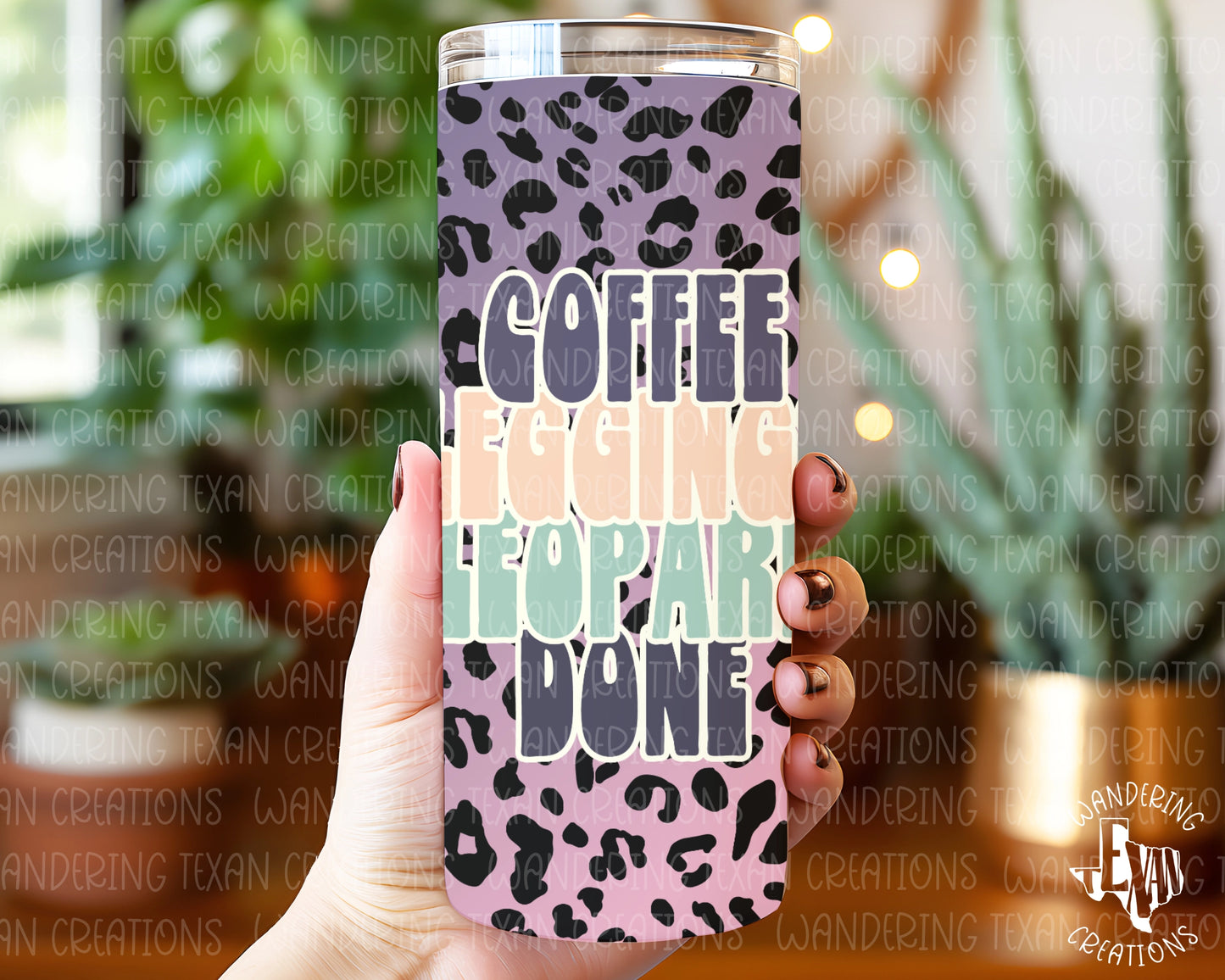 This purple-to-pink ombre tumbler features a fun leopard print and the playful phrase "Coffee, Leggings, Leopard, Done".