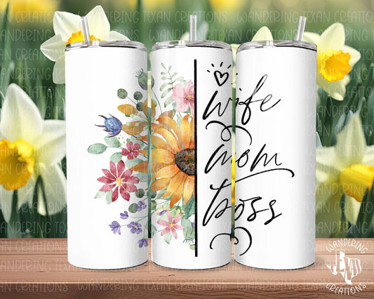 This tumbler features a beautiful floral design and the phrase "Wife, Mom, Boss" to celebrate her multi-tasking skills.