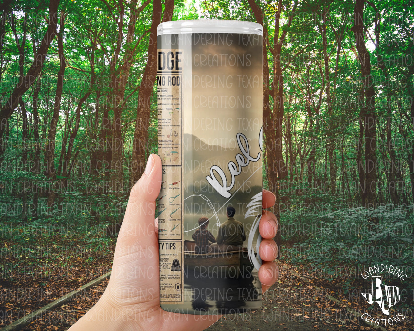 This tumbler features a fishing design with a layout of fishing knowledge