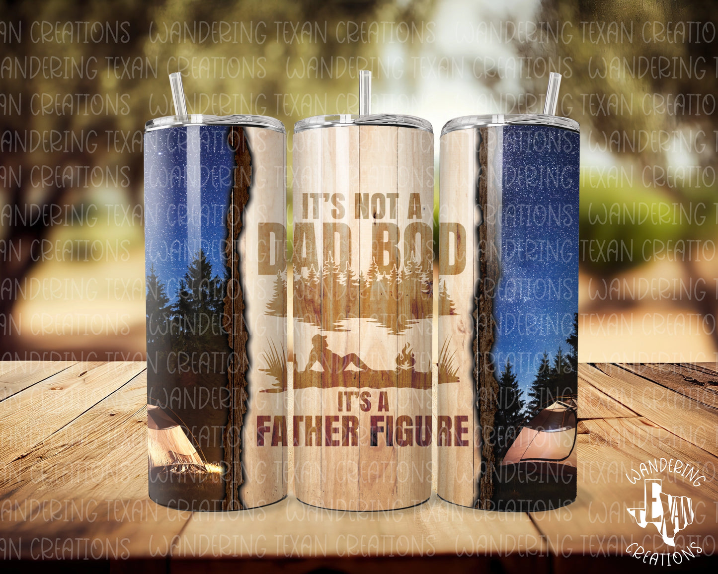 Celebrate fatherhood with our Dad Bod Tumbler featuring the phrase "it's not a dad bod, it's a father figure" and a silhouette of a man outdoors.