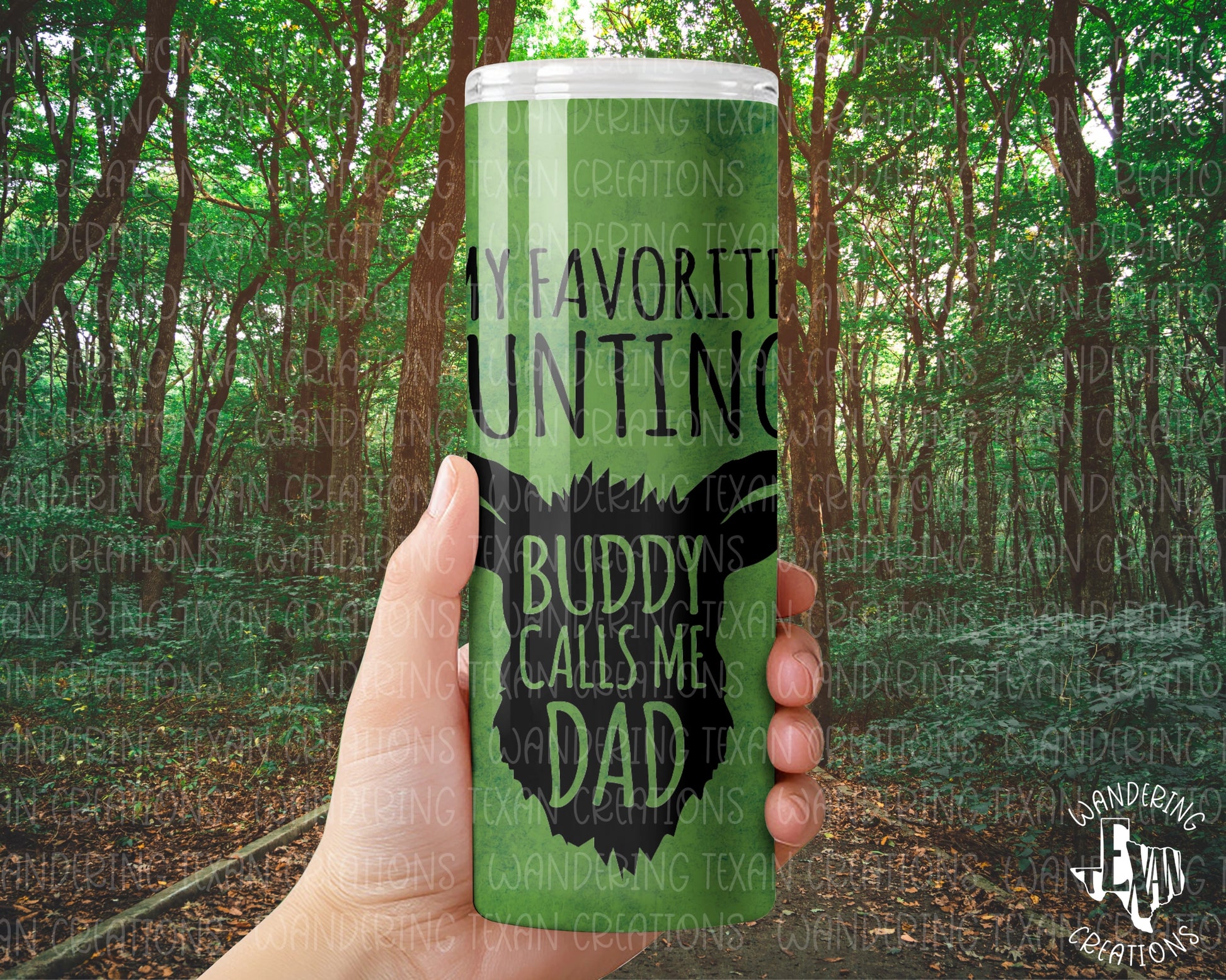 Expertly designed for hunting enthusiasts, the Hunting Buddy Tumbler features a sleek silhouette of a deer and the heartwarming phrase "My favorite hunting buddy calls me dad". 