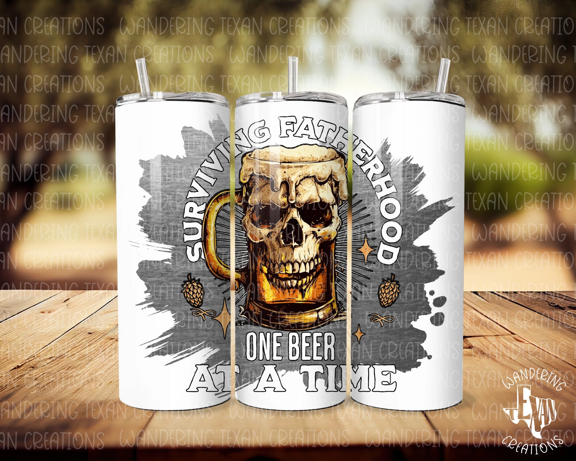  With a unique design featuring a skeleton head mug and the phrase "Surviving Fatherhood one beer at a time", this tumbler is perfect for Father's Day or any other occasion. 