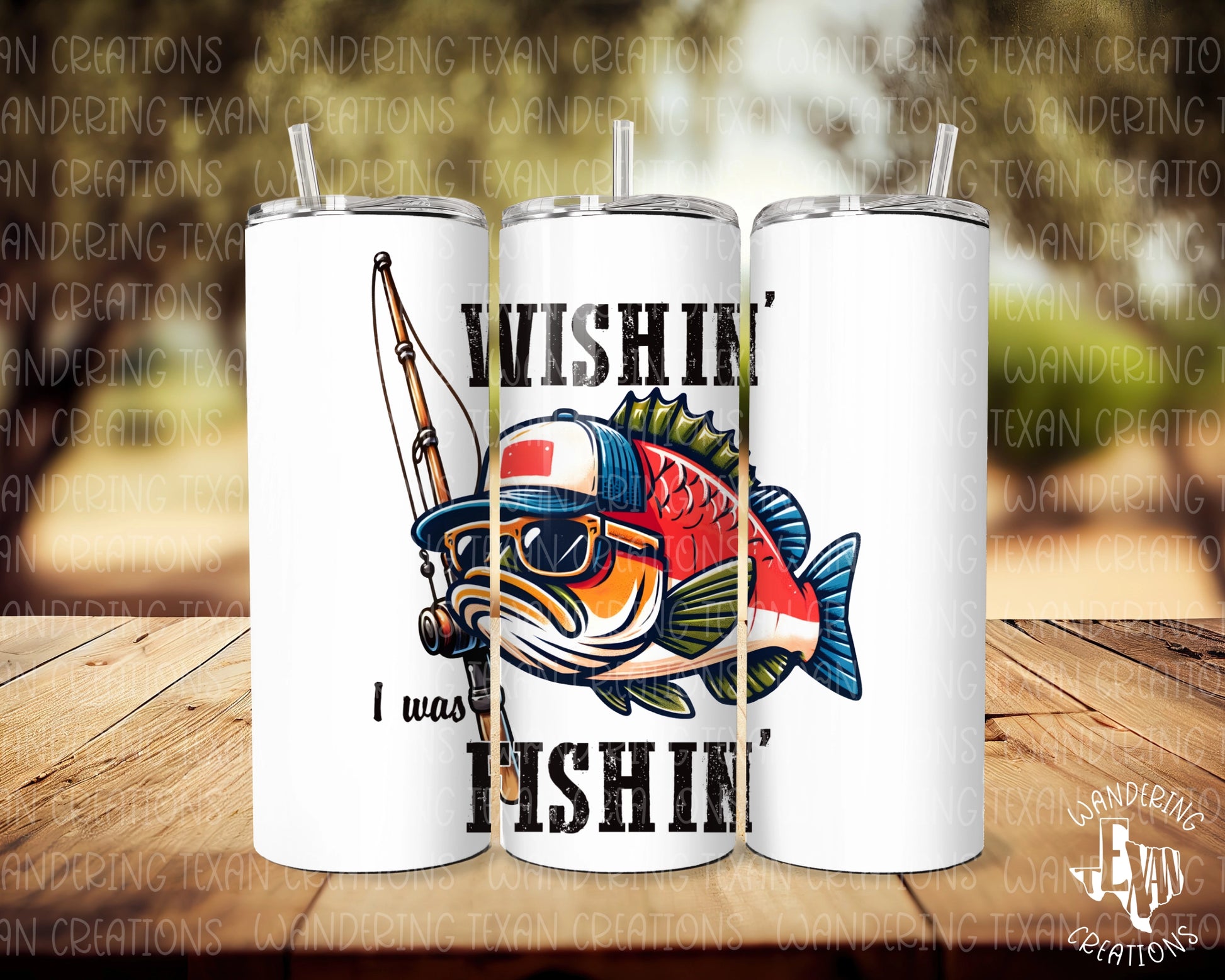 Featuring a cool fish in shades and a hat, plus the phrase "Wishin' I was fishin'", this tumbler is perfect for any fishing-loving father.