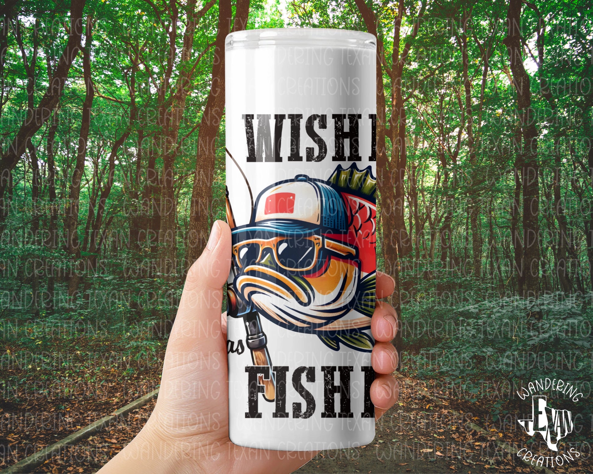 Featuring a cool fish in shades and a hat, plus the phrase "Wishin' I was fishin'", this tumbler is perfect for any fishing-loving father.