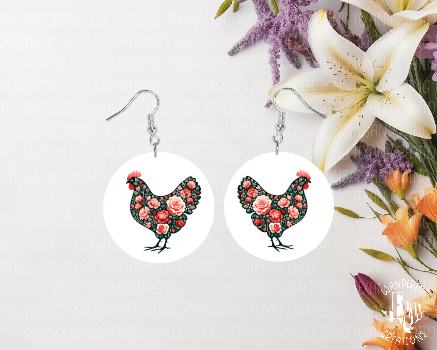 Spice up any outfit with these Fancy Chicken Earrings! The silhouette of a chicken is filled with vibrant red and pink flowers, making them a perfect accessory for Mother's Day or any occasion.