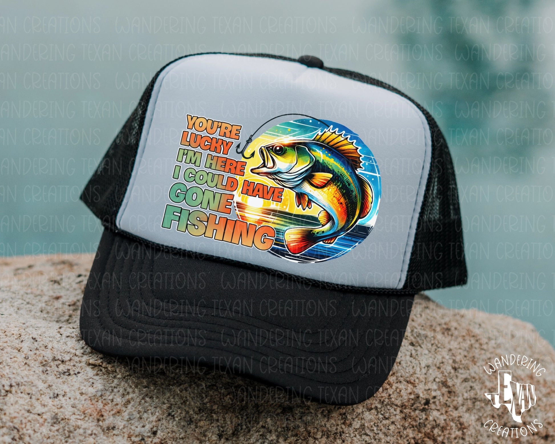 Featuring a playful phrase and vibrant fish design, this hat is perfect for Father's Day or anytime you want to add a little fun to your outfit.