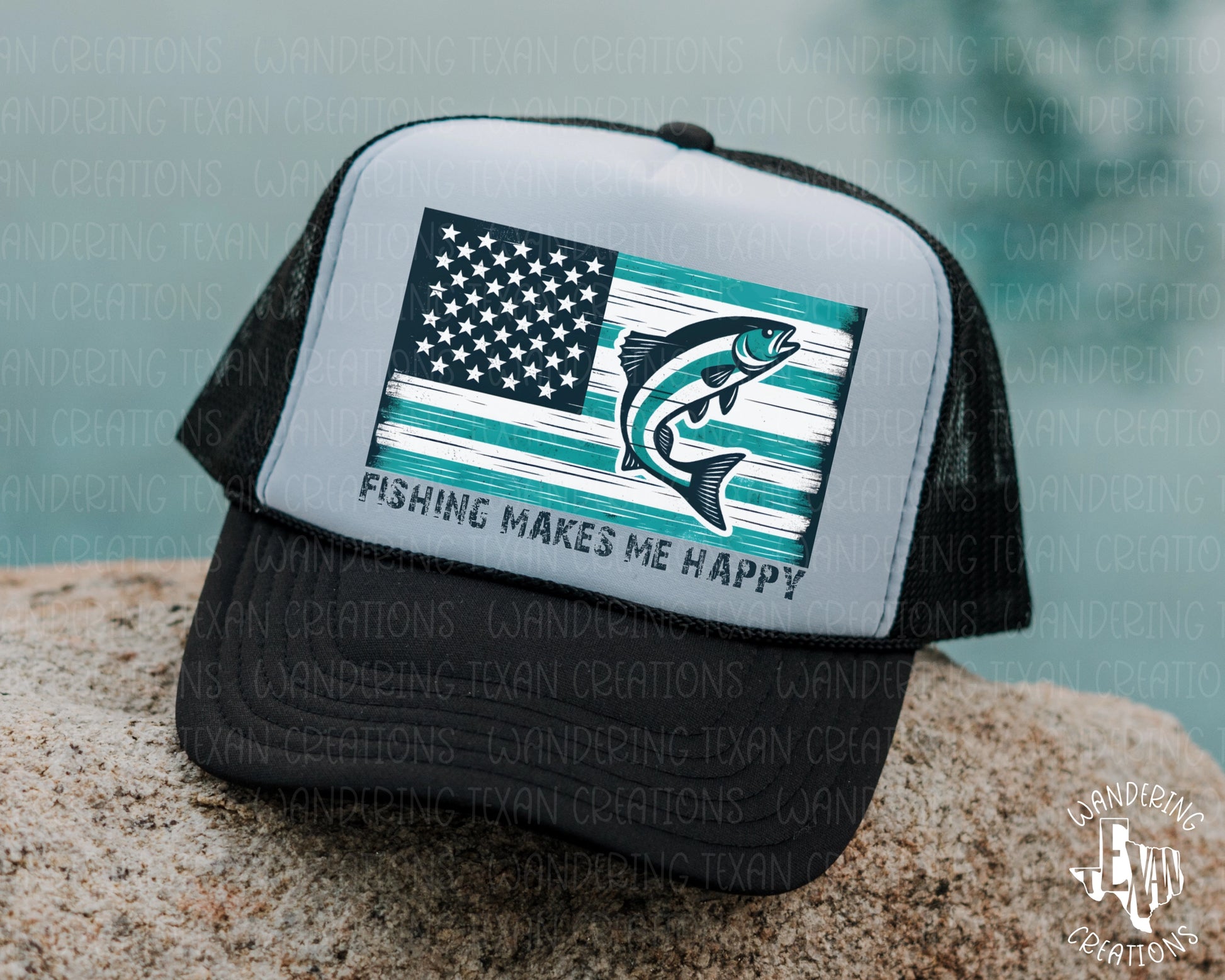 Catch all the feels with our Fishing Makes Me Happy Trucker Hat. Featuring a blue and white US flag with a playful fish and the perfect Father's Day gift. 