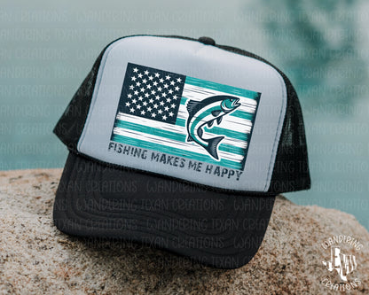 Catch all the feels with our Fishing Makes Me Happy Trucker Hat. Featuring a blue and white US flag with a playful fish and the perfect Father's Day gift. 