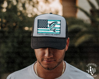 Catch all the feels with our Fishing Makes Me Happy Trucker Hat. Featuring a blue and white US flag with a playful fish and the perfect Father's Day gift. 