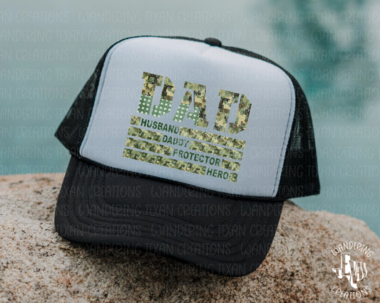 This Army Dad Trucker Hat features a classic army camo design and the text "Dad, Husband, Daddy, Protector, Hero", making it the perfect gift for Father's Day.