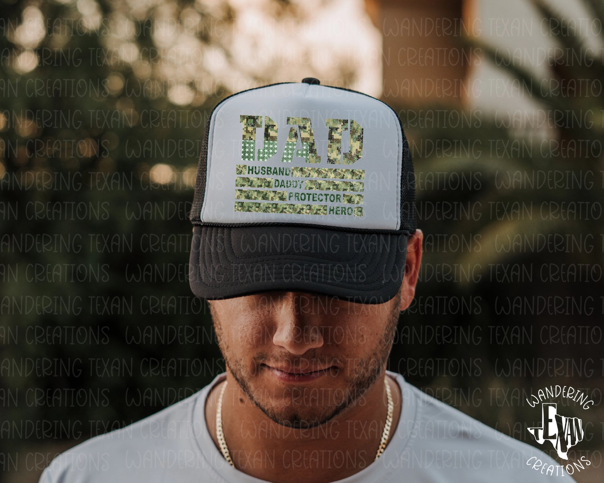 This Army Dad Trucker Hat features a classic army camo design and the text "Dad, Husband, Daddy, Protector, Hero", making it the perfect gift for Father's Day.