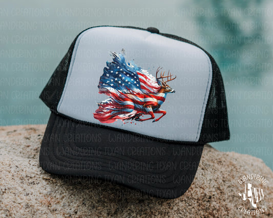 Get ready to show off your patriotism with our US Flag and Buck Trucker Hat. 