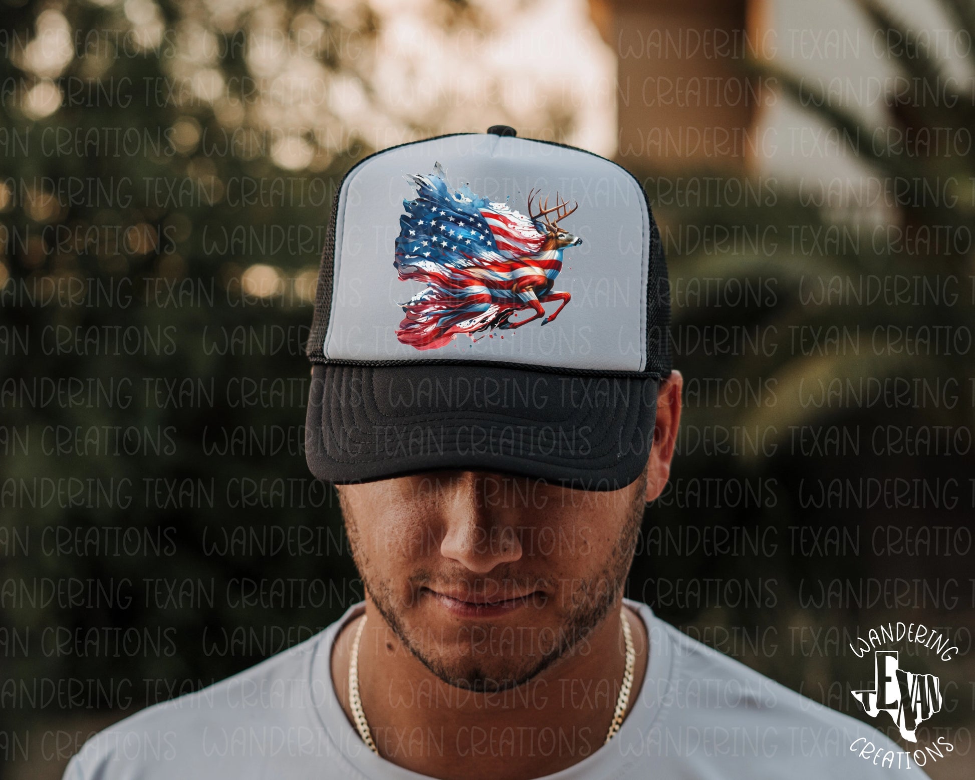 Get ready to show off your patriotism with our US Flag and Buck Trucker Hat. 