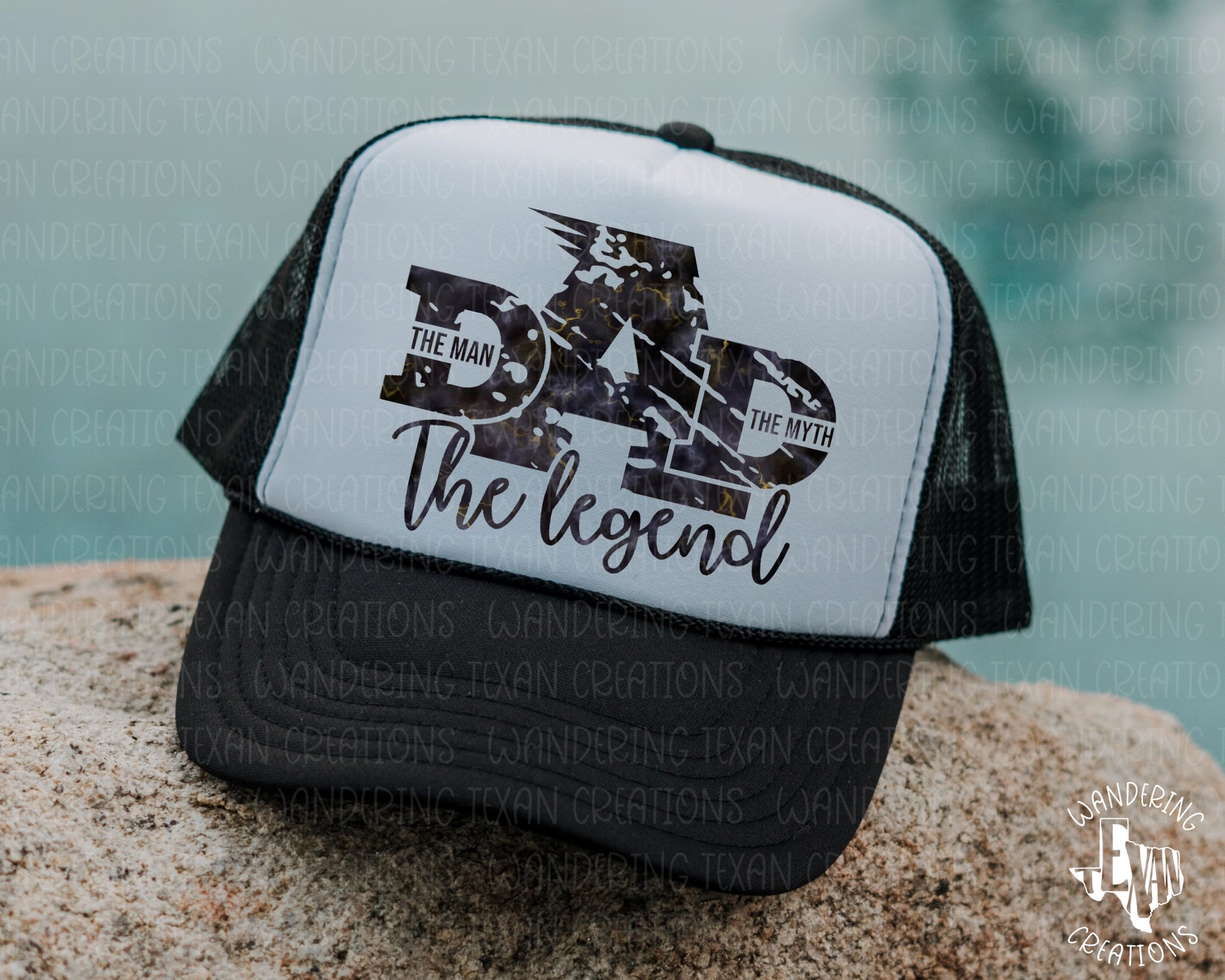 Celebrate Father's Day with The Legend Trucker Hat. Featuring the phrase "Dad the man, the myth, the legend" in a sublimated design, this hat is the perfect gift for any father figure. 