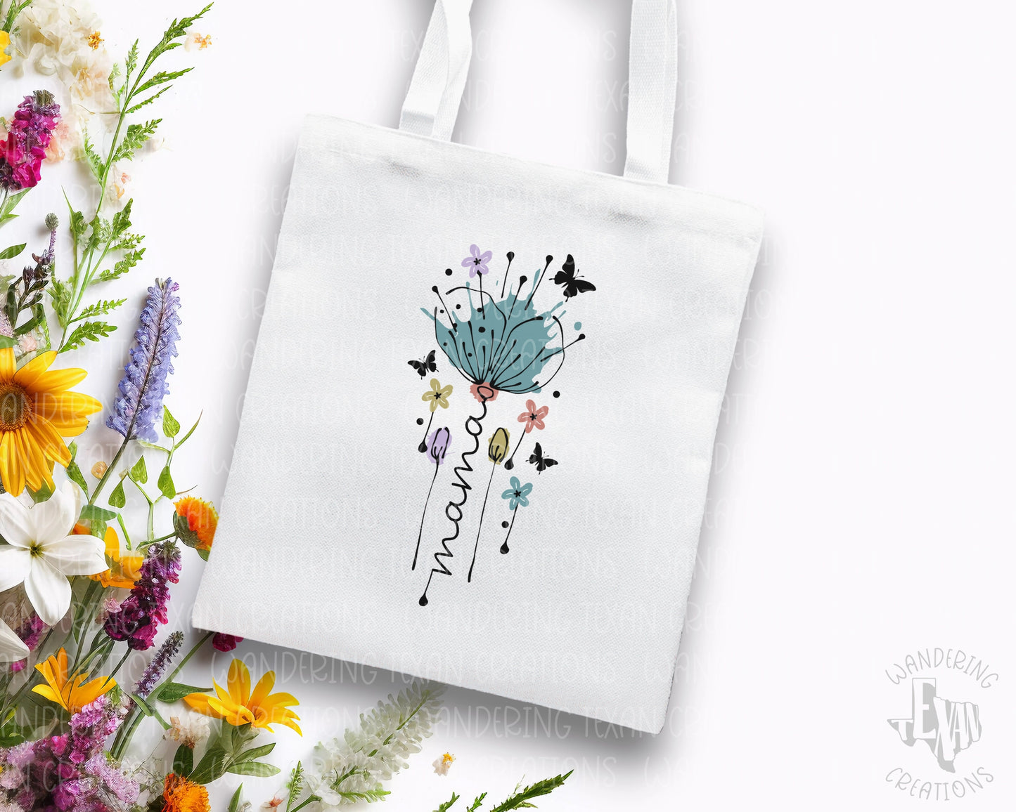 Featuring a vibrant abstract flower design and the word "mama", this bag is perfect for everyday use.