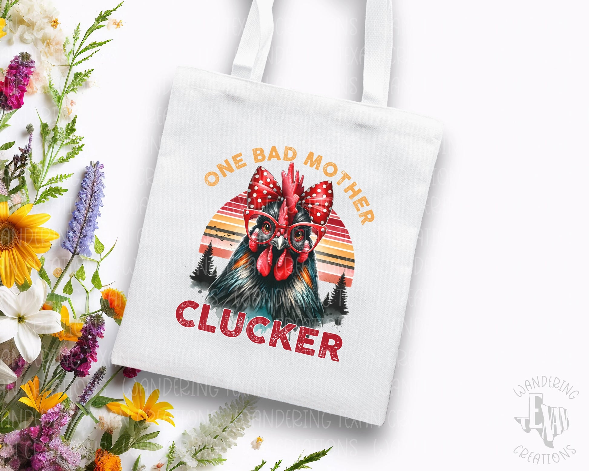 The Mother Clucker Tote Bag features a sassy mama hen wearing a red polka dot bow and trendy red glasses with the playful phrase "one bad mother clucker."