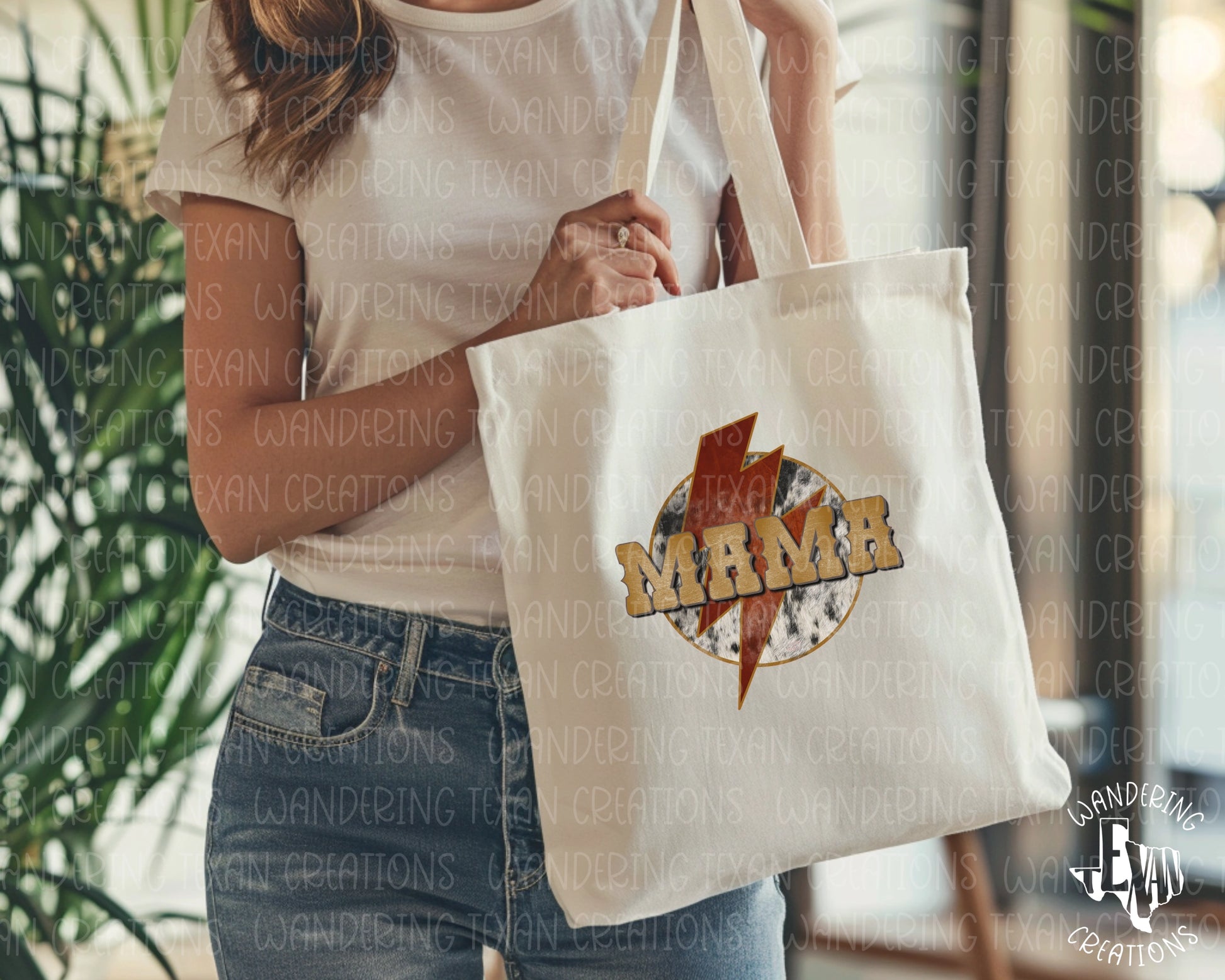 Boldly displaying "Mama" over a lightening bolt and cowhide background, this tote is printed using sublimation for vibrant colors.