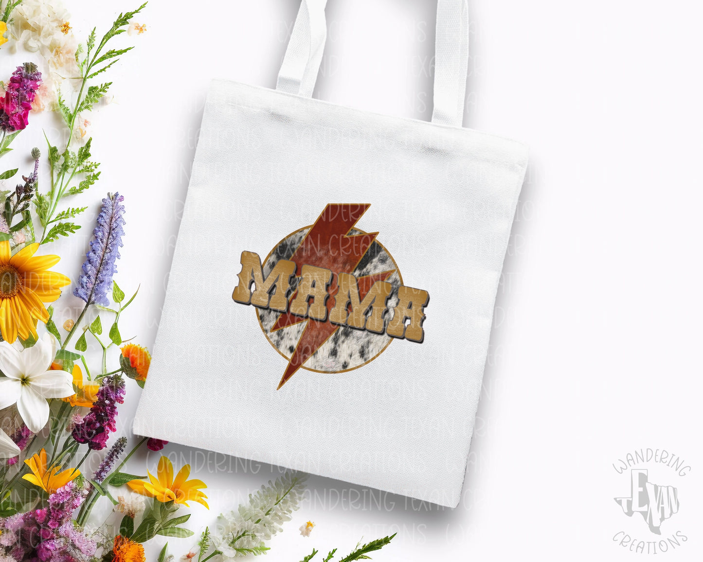 Boldly displaying "Mama" over a lightening bolt and cowhide background, this tote is printed using sublimation for vibrant colors.