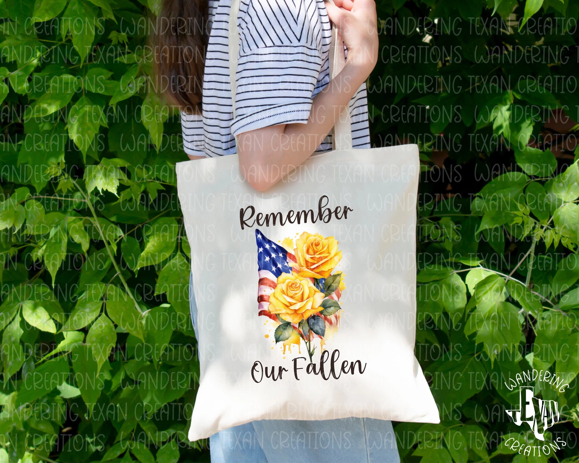 With its striking yellow roses against the backdrop of the US flag, this tote bag is the perfect way to honor and remember those who have sacrificed for our country.