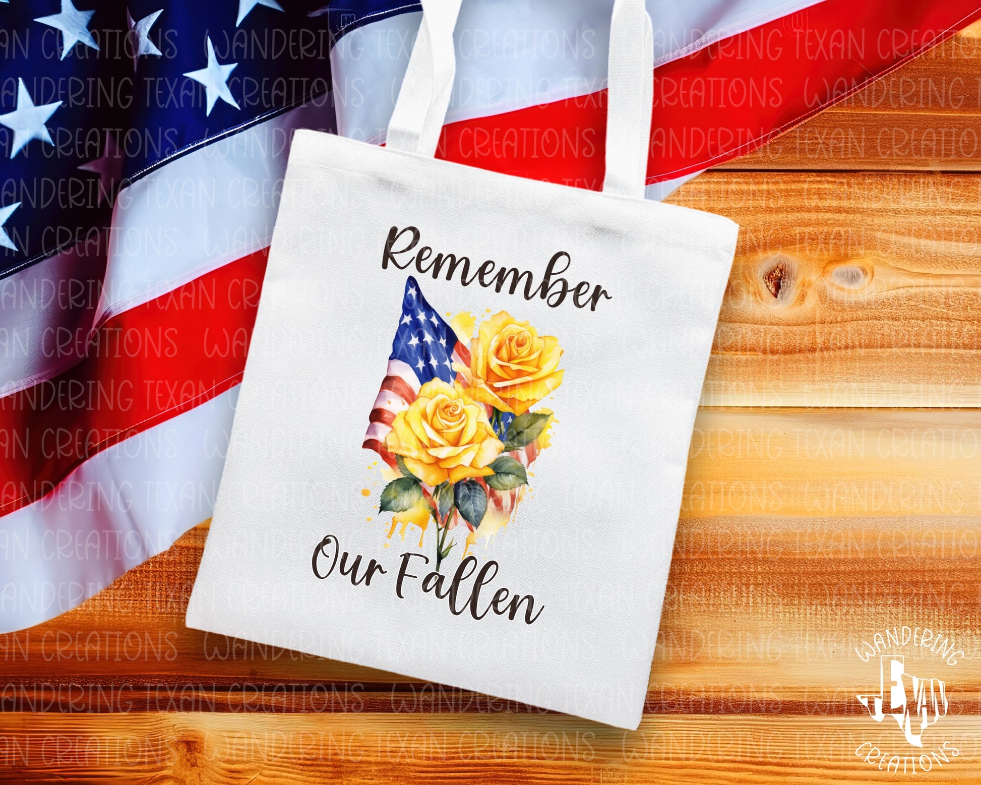 With its striking yellow roses against the backdrop of the US flag, this tote bag is the perfect way to honor and remember those who have sacrificed for our country.