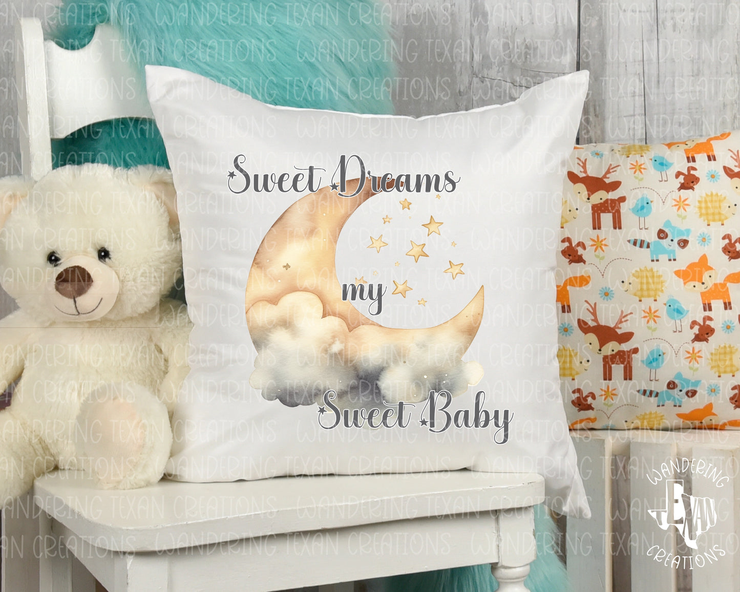 Enhance your baby's nursery with our Sweet Dreams Pillow Cover featuring a charming moon and stars design alongside the phrase "sweet dreams my sweet baby".