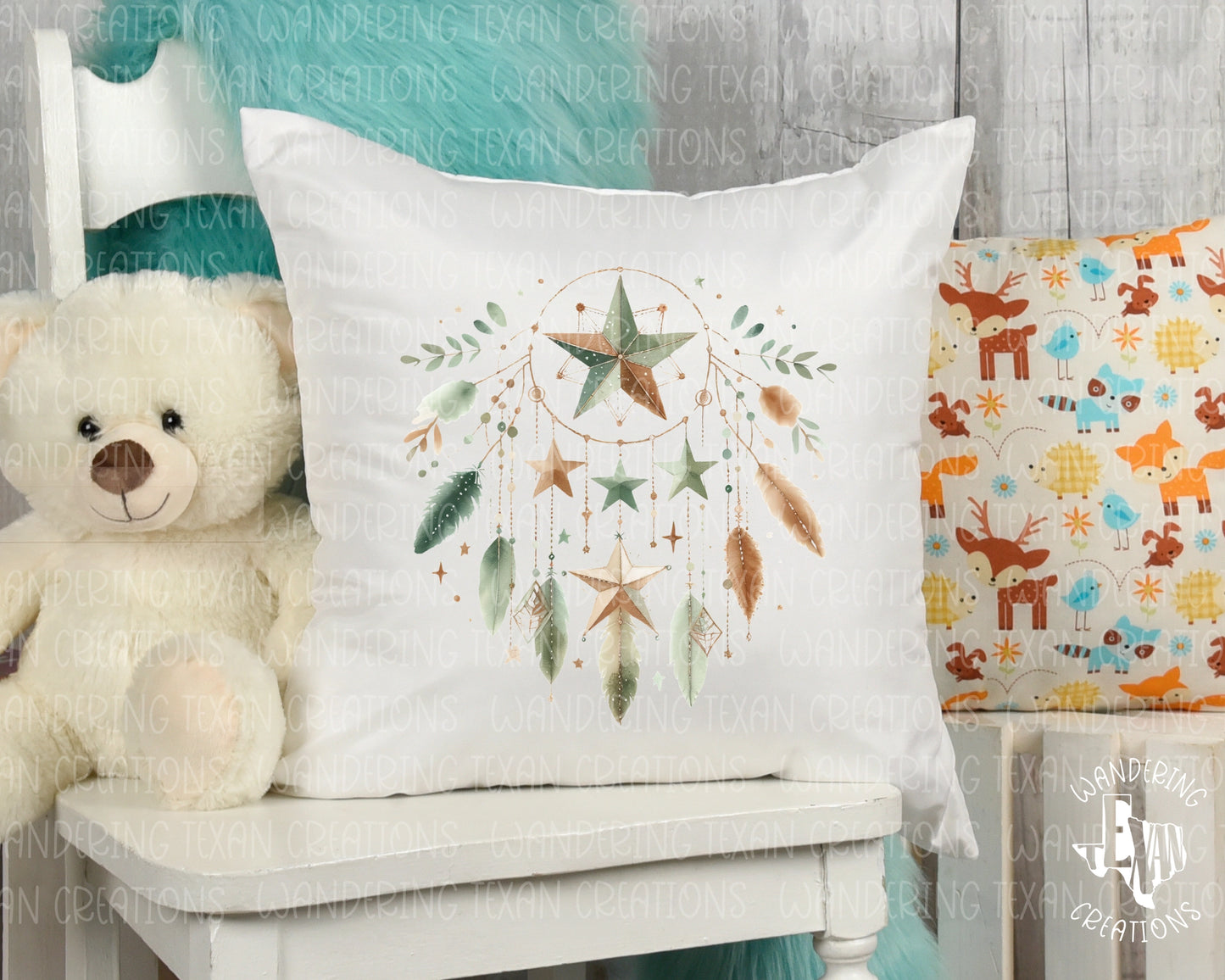 our Boho Dreamcatcher Pillow Cover, featuring a stunning design of stars and a traditional dreamcatcher.