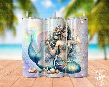 With a stunning sublimation design of a decadently adorned mermaid with pearls, this tumbler is the perfect accessory for your summer adventures.