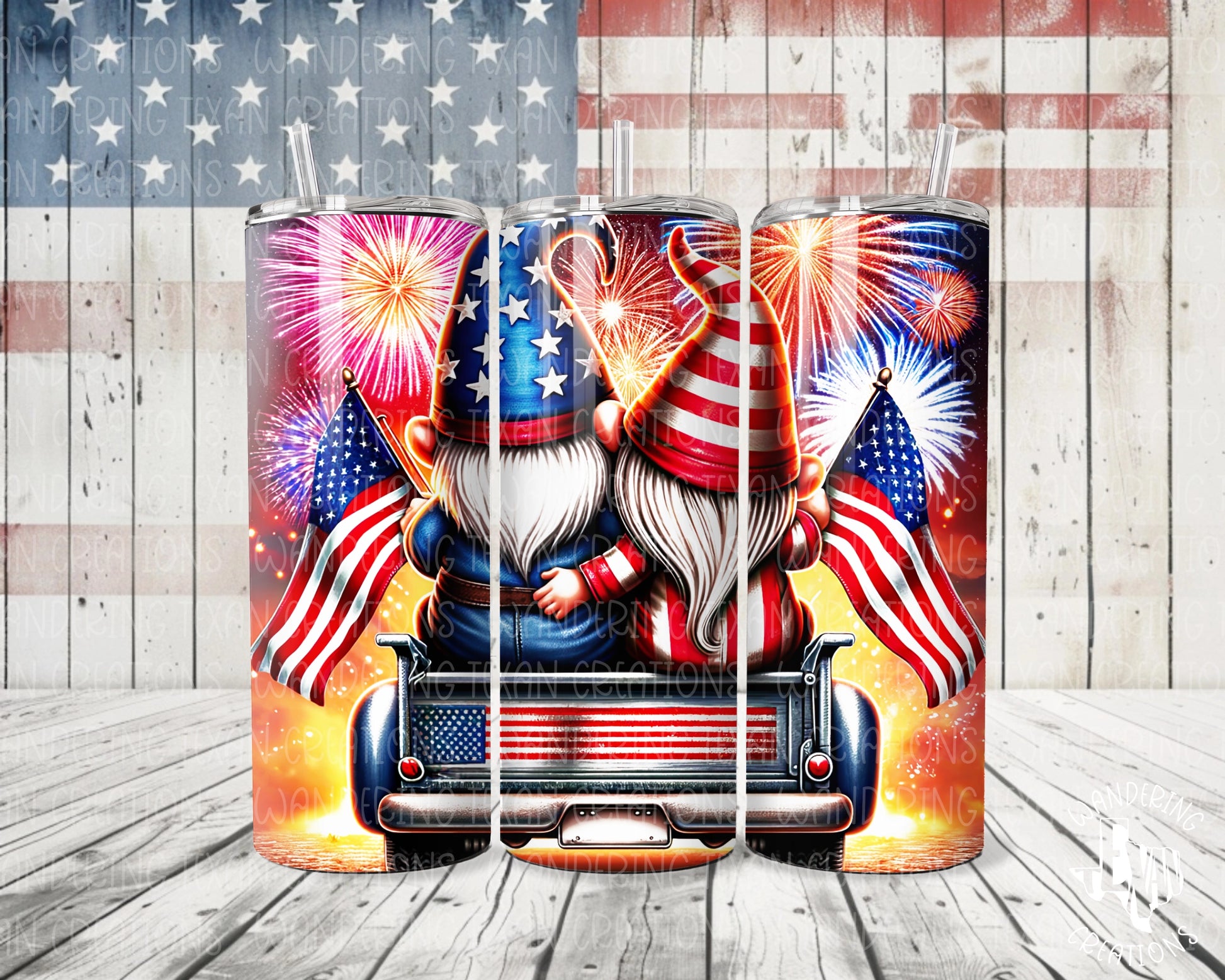 Stay hydrated with this patriotic tumbler featuring a gnome couple watching fireworks from the back of a truck. 