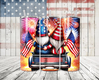 Stay hydrated with this patriotic tumbler featuring a gnome couple watching fireworks from the back of a truck. 