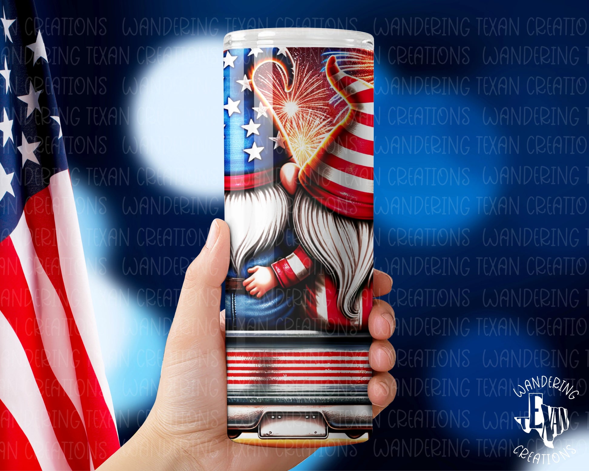 Stay hydrated with this patriotic tumbler featuring a gnome couple watching fireworks from the back of a truck. 