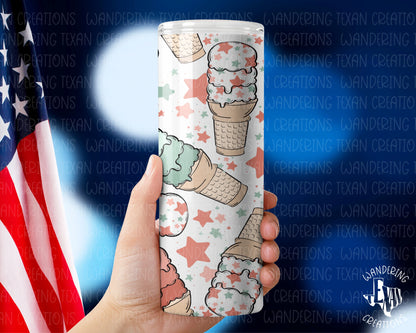 This tumbler features a fun red, white, and blue ice cream design that will make a statement at your next BBQ or picnic.