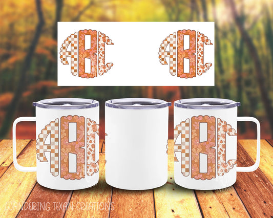  Keep your drink hot or cold in the 10 oz insulated mug featuring a unique sublimated design. Personalize it with 3 initials in a bubble font, adorned with trendy floral patterns - plaid, fall florals, and pumpkin spice coffee. 