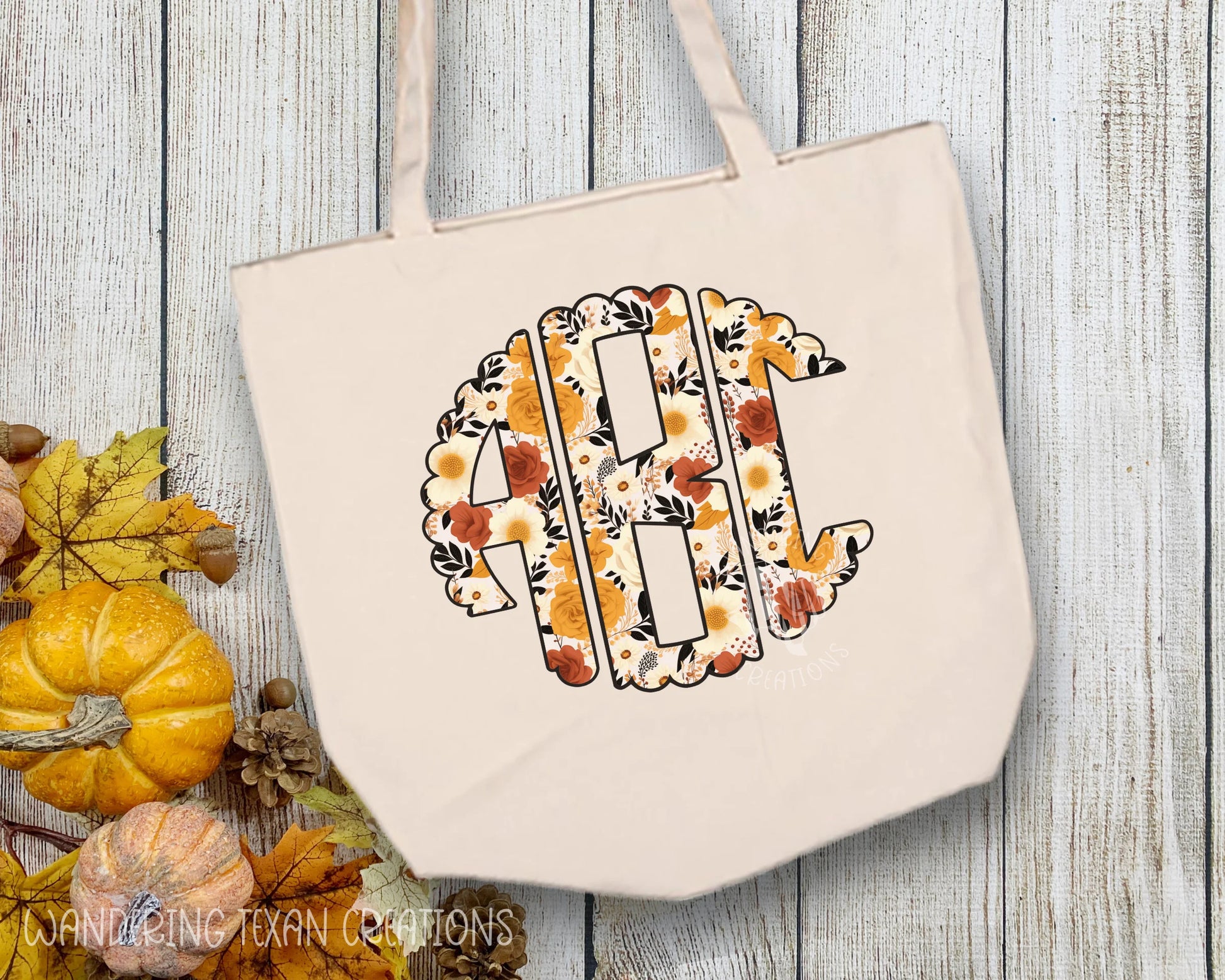  Made with durable canvas material and customized with your choice of 3 initials in a charming fall floral font, this tote bag is both practical and stylish. 