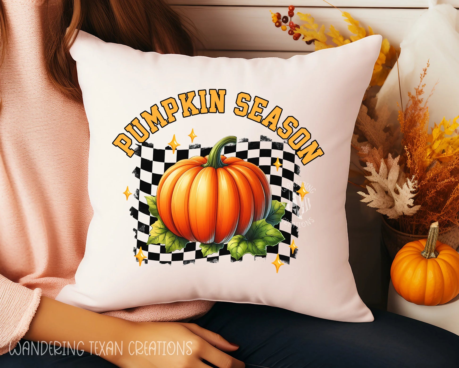 This festive and fun design features a large pumpkin sitting on a green patch against a black and white checkered backdrop, with the phrase "Pumpkin Season" above.