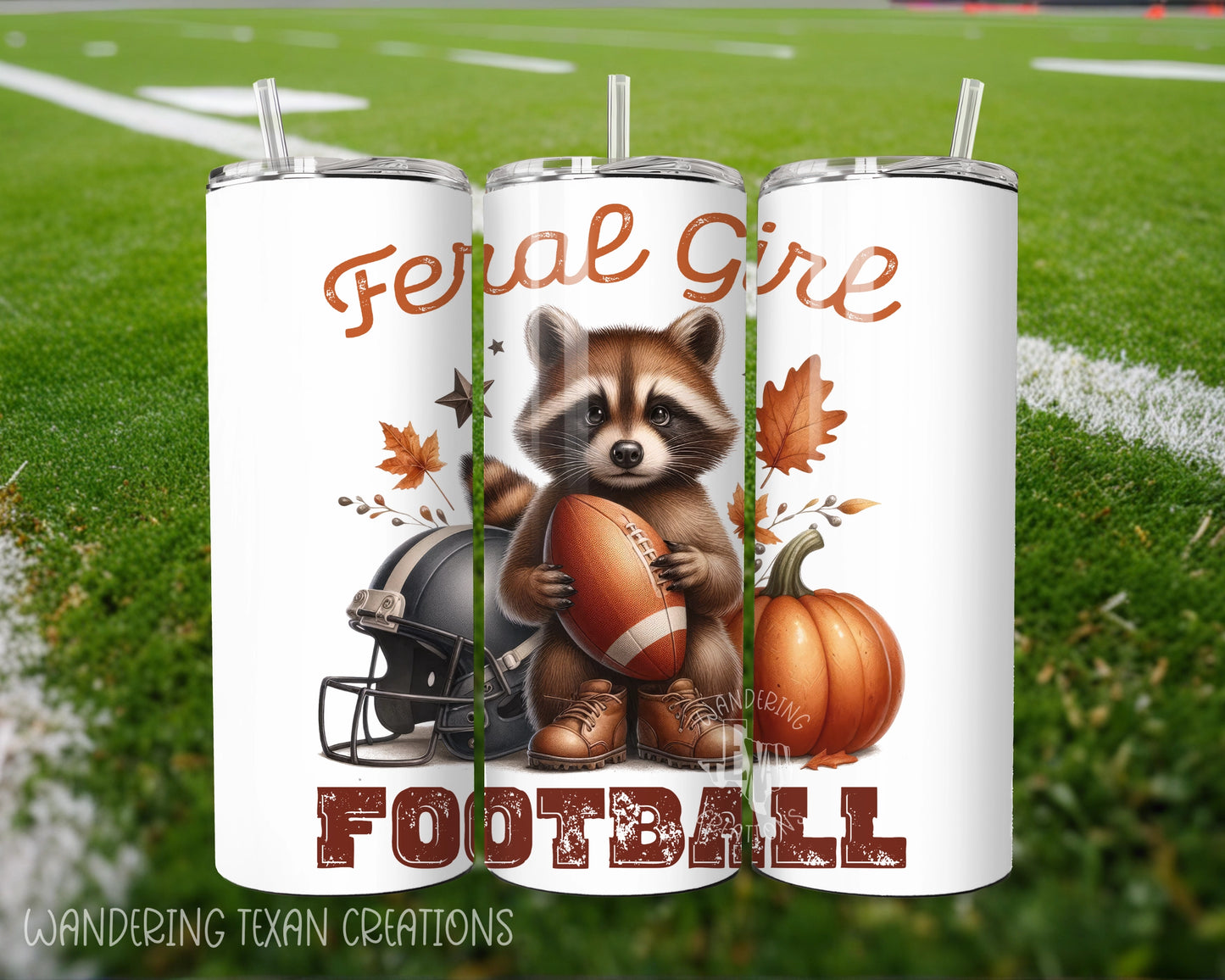 Keep your drinks hot or cold with this 30 oz tumbler featuring a punny design of a raccoon holding a football while standing in front of a helmet and pumpkin. Perfect for the feral girl football fan in your life.